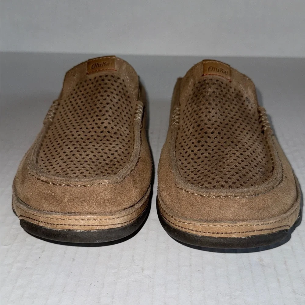 OluKai Moloa Kahana Light Brown Perforated Leather Slip On Loafers